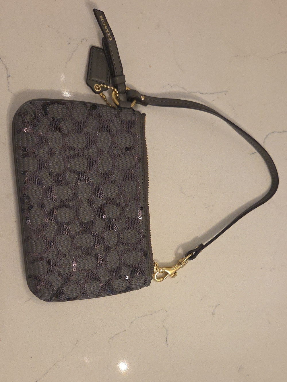 Coach Gray Signature Sequin Wristlet with Gold Hardware
